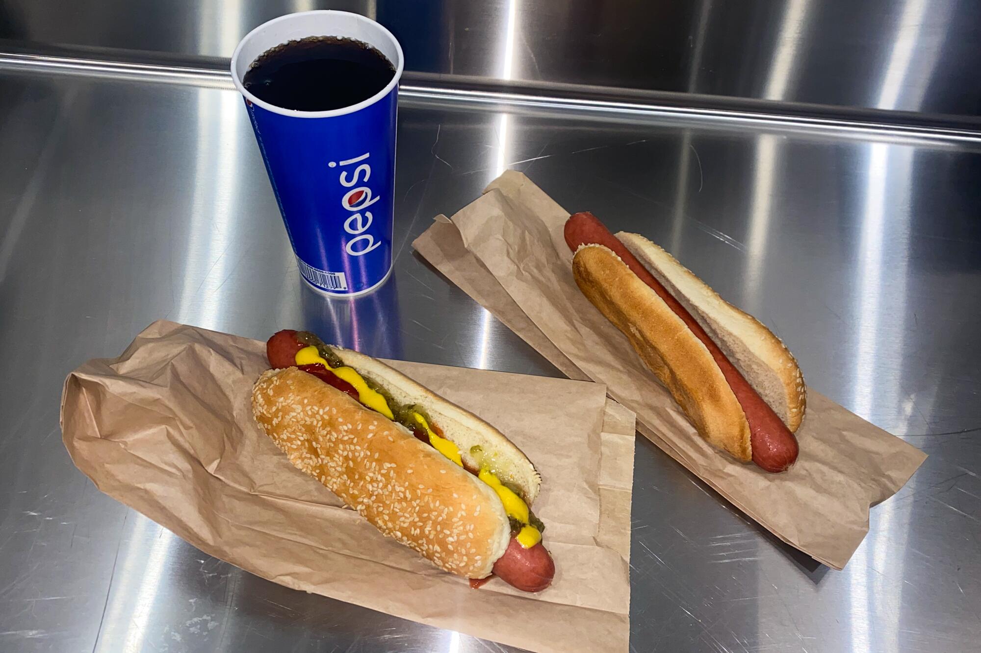 Two hot dog combos at the indoor food court, Van Nuys Costco location.