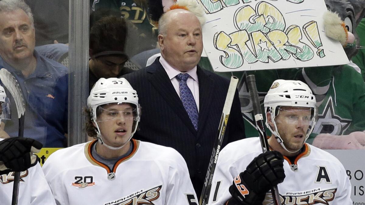 Ducks Coach Bruce Boudreau looks on during Game 4 of the NHL Western Conference quarterfinals against the Dallas Stars. The Ducks' win in Game 6 of the series allows for a little break before the team's next playoff series against either the San Jose Sharks or Kings.