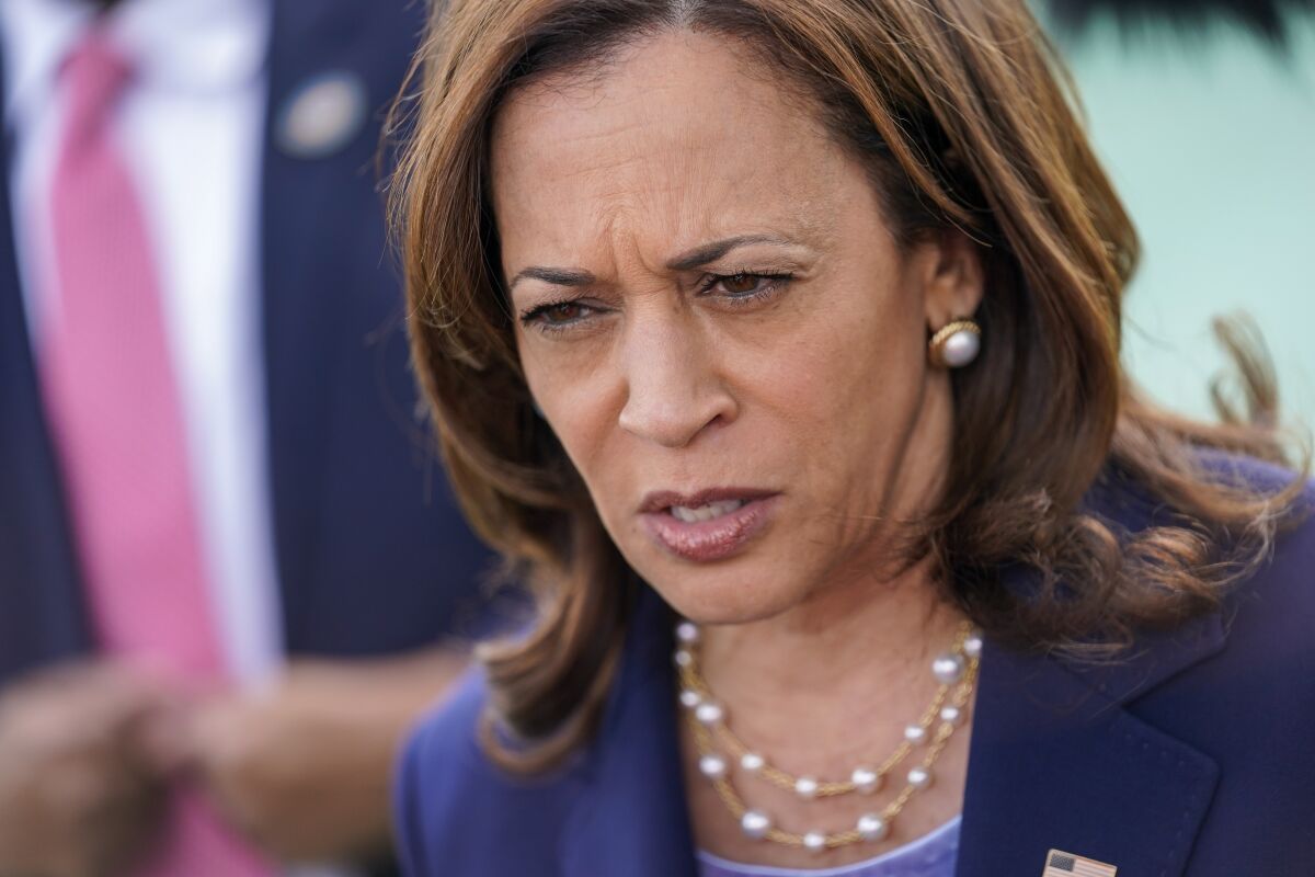 A close-up of Kamala Harris as she gives a speech