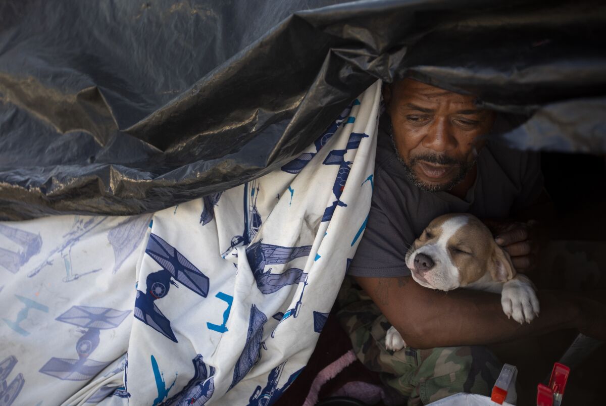 A homeless man who goes by KD holds his puppy Eve while he sits inside of his tent near downtown Los Angeles.