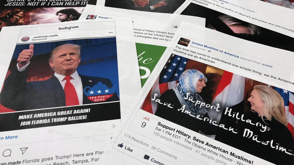Some of the Facebook and Instagram ads linked to a Russian effort to disrupt the American political process, released by members of the U.S. House Intelligence Committee, photographed on Nov. 1, 2017.