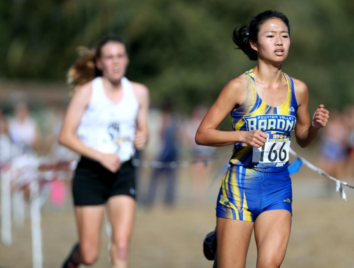 Fountain Valley sophomore Kaho Cichon ran in the CIF Southern Section girls' Division 1 cross-country final at Riverside City Cross-Country Course on Nov. 23, 2019.