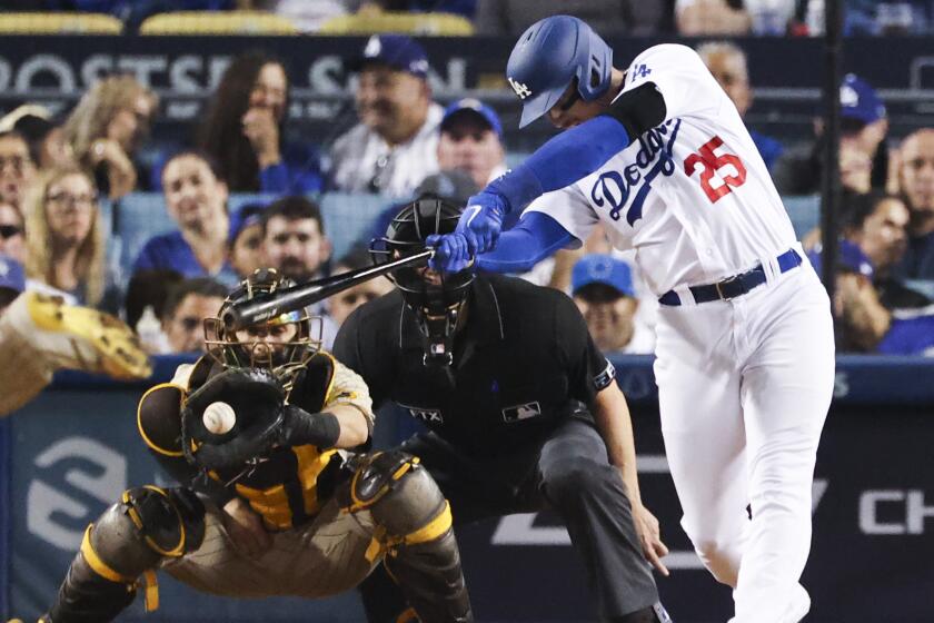 Los Angeles, CA - October 12: Los Angeles Dodgers' Trayce Thompson strikes out during the fourth inning.