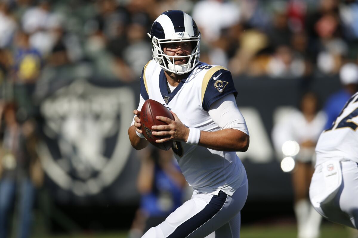 Rams quarterback Blake Bortles looks to pass against the Oakland Raiders during the first half on Saturday in Oakland.