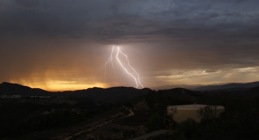 Lightning strikes to the west as seen from Thousand Oaks. Inclement weather on Monday