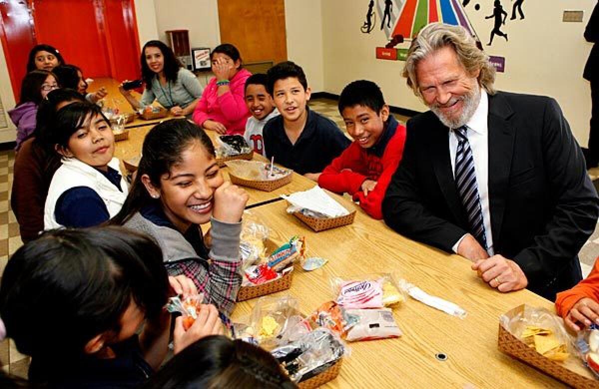 Actor Jeff Bridges chats with schoolchildren at Figueroa Street Elementary School at a kickoff event for No Kid Hungry.