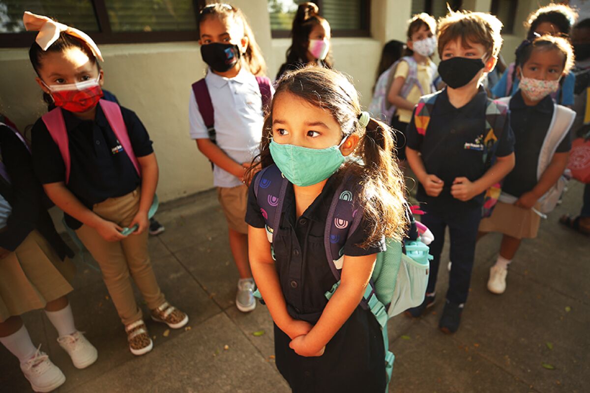 Kindergarten students in Altadena wearing masks