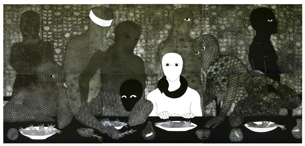 Belkis Ayn's "La Cena" ("The Supper"), 1991, collagraph. (Collection of the Belkis Ayon Estate)
