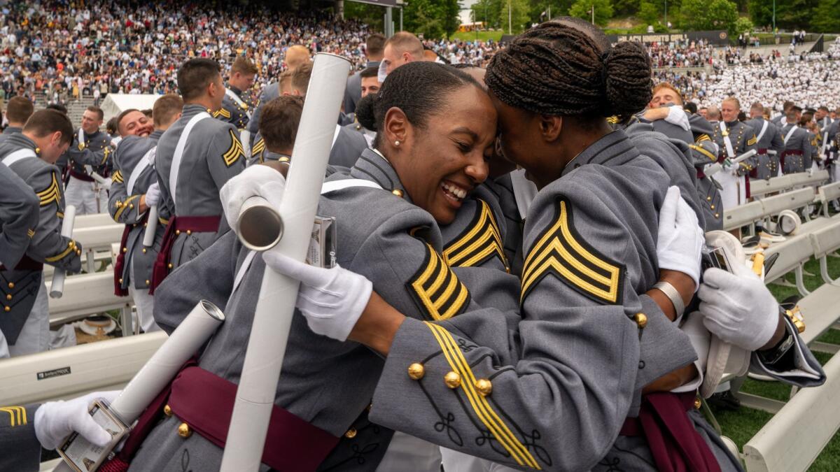 West Point graduates celebrate at the conclusion of the U.S. Military Academy Class of 2019 graduation ceremony at Michie Stadium on Saturday at West Point, N.Y.