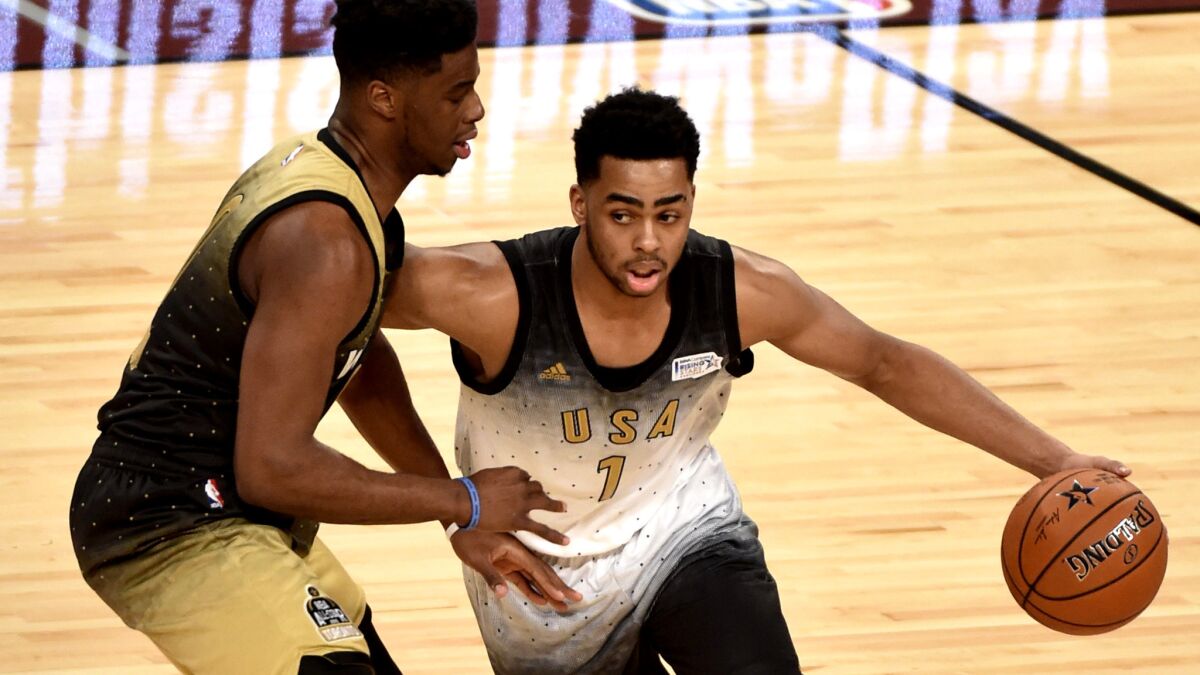 Lakers guard D'Angelo Russell of the U.S. team drives around Nuggets guard Emmanuel Mudiay of the World team during the Rising Stars Challenge on Friday night in Toronto.