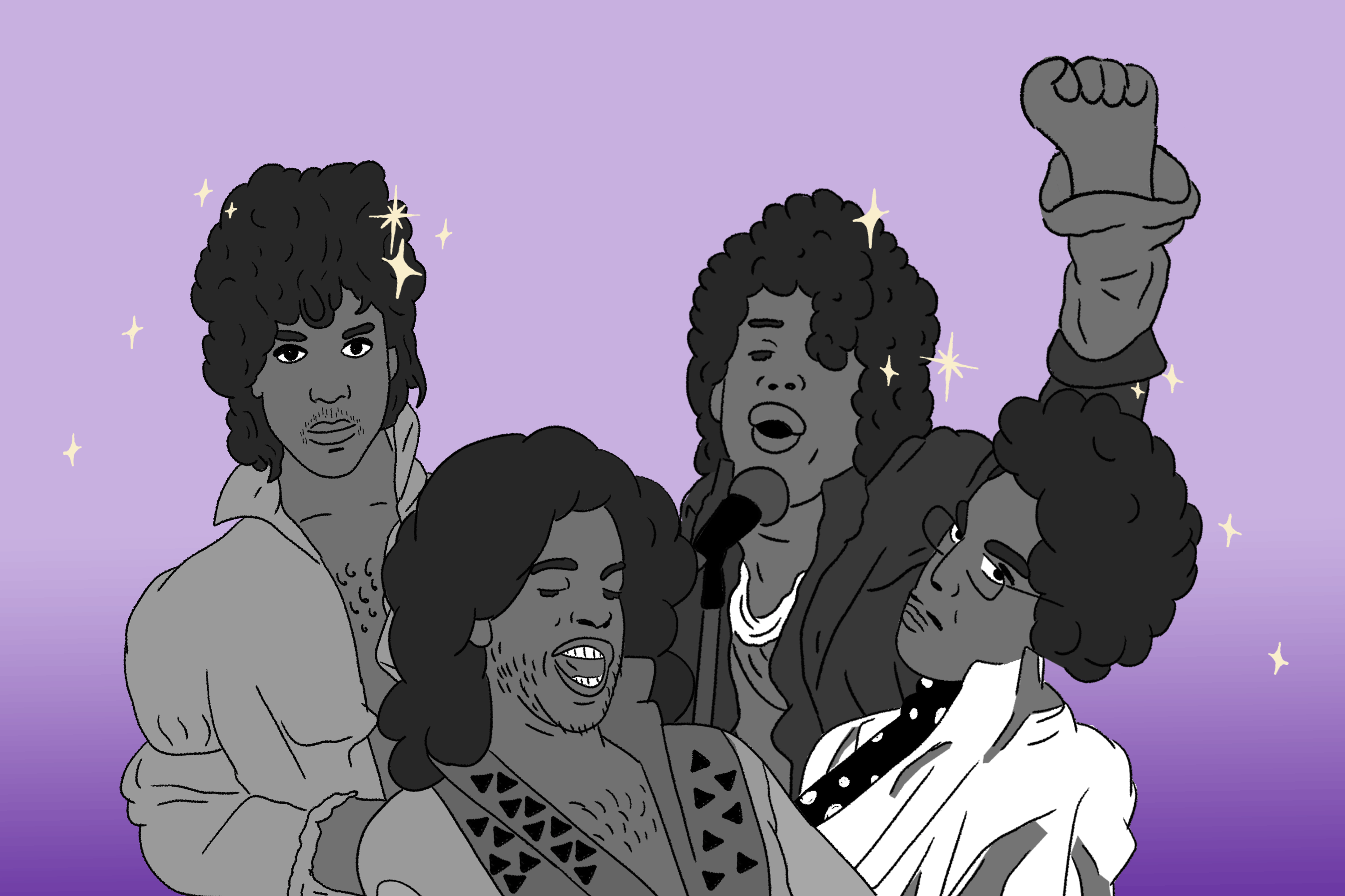 An illustration of Prince throughout the years.