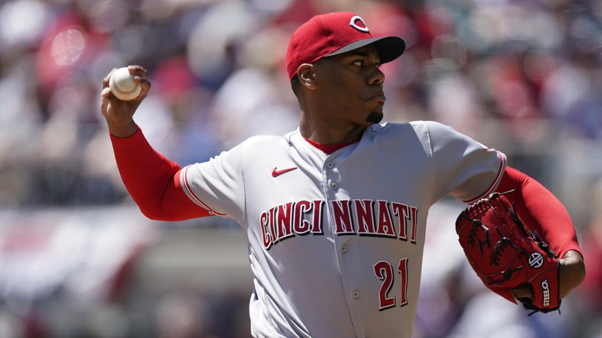 Cincinnati Reds starting pitcher Hunter Greene throws against the Atlanta Braves on April 10.