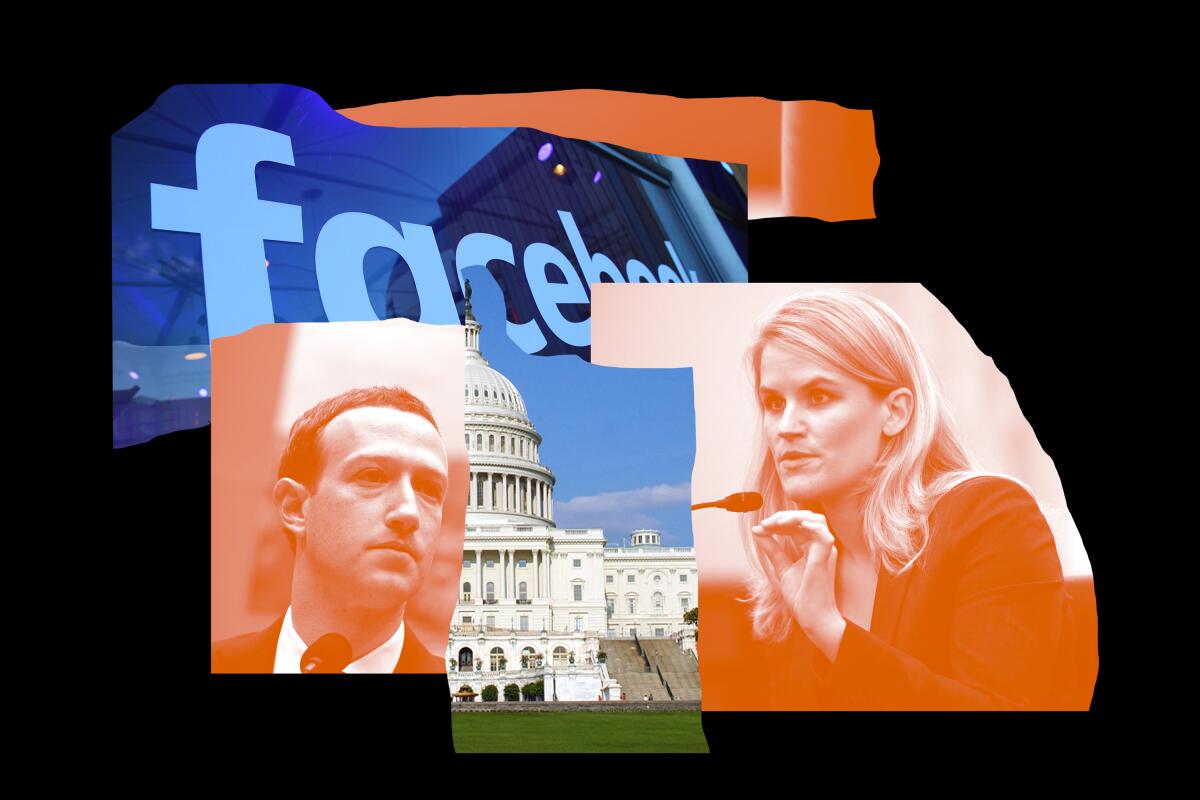 An illustration with images of Mark Zuckerberg,  Frances Haugen, the Facebook logo and the U.S. Capitol.