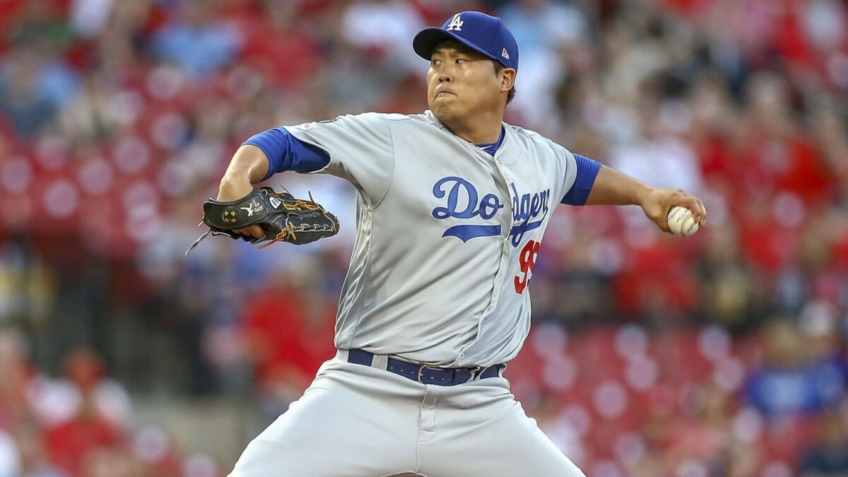 Dodgers starting pitcher Hyun-Jin Ryu during the first inning of Monday's game against the St. Louis Cardinals.