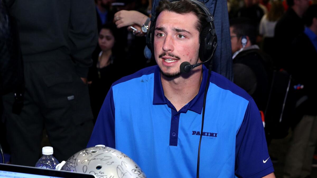 Paxton Lynch is interviewed on the SiriusXM set at Super Bowl 50 on Feb. 5.