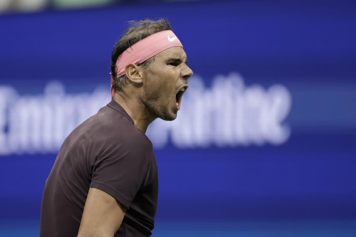 Rafael Nadal reacts after winning a point against Richard Gasquet in the third round of the U.S. Open on Sept. 3, 2022.