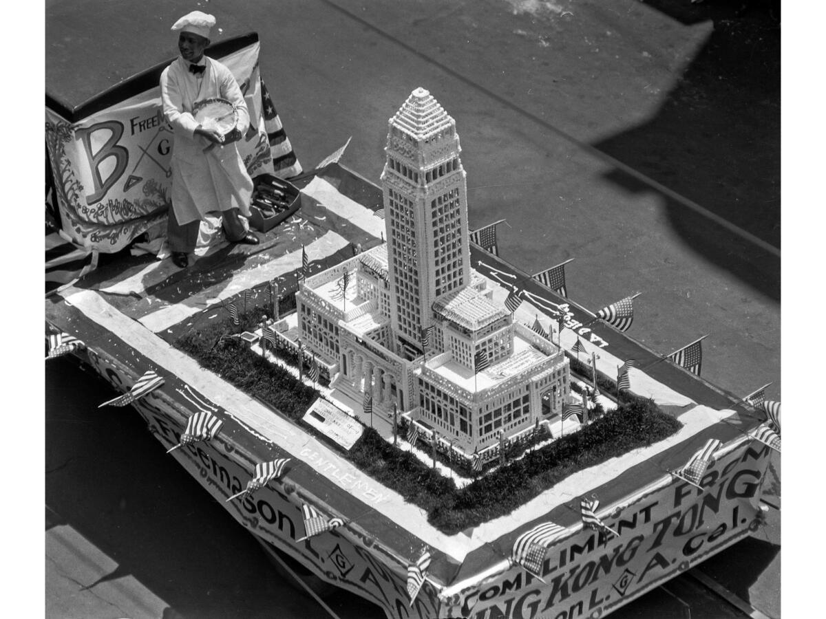 April 26, 1928: A giant cake in the shape of the new Los Angeles City Hall was entered by Chinese residents in the city hall dedication parade.