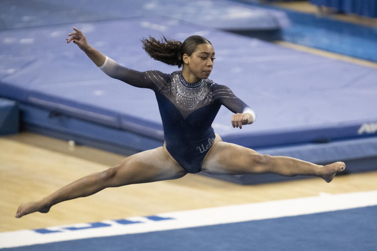 UCLA's Margzetta Frazier competes on the floor during a meet.