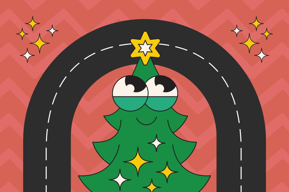 An illustration of a Christmas tree and a road.