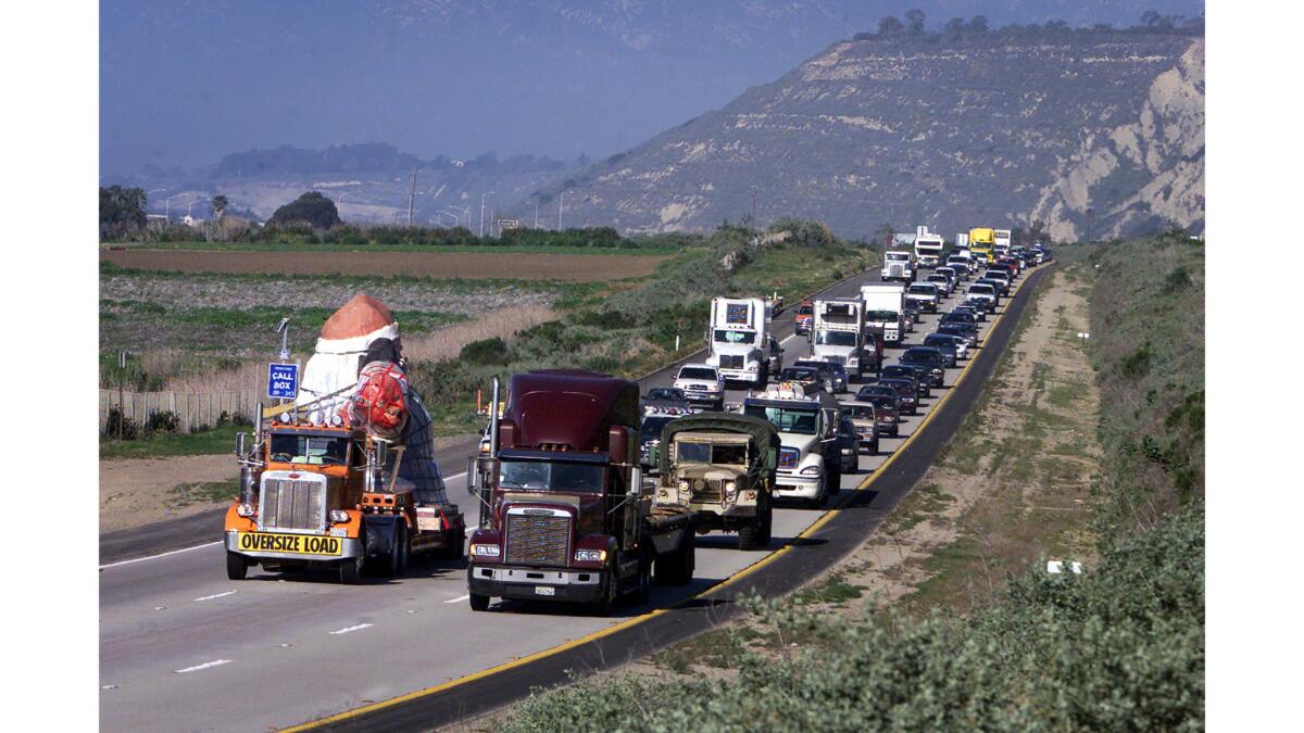 Jan. 29, 2003: Traffic backs up as Santa's convoy inches its way along the 101 Freeway between Carpinteria and Nyeland Acres. The 30-mile trip took nearly four hours.