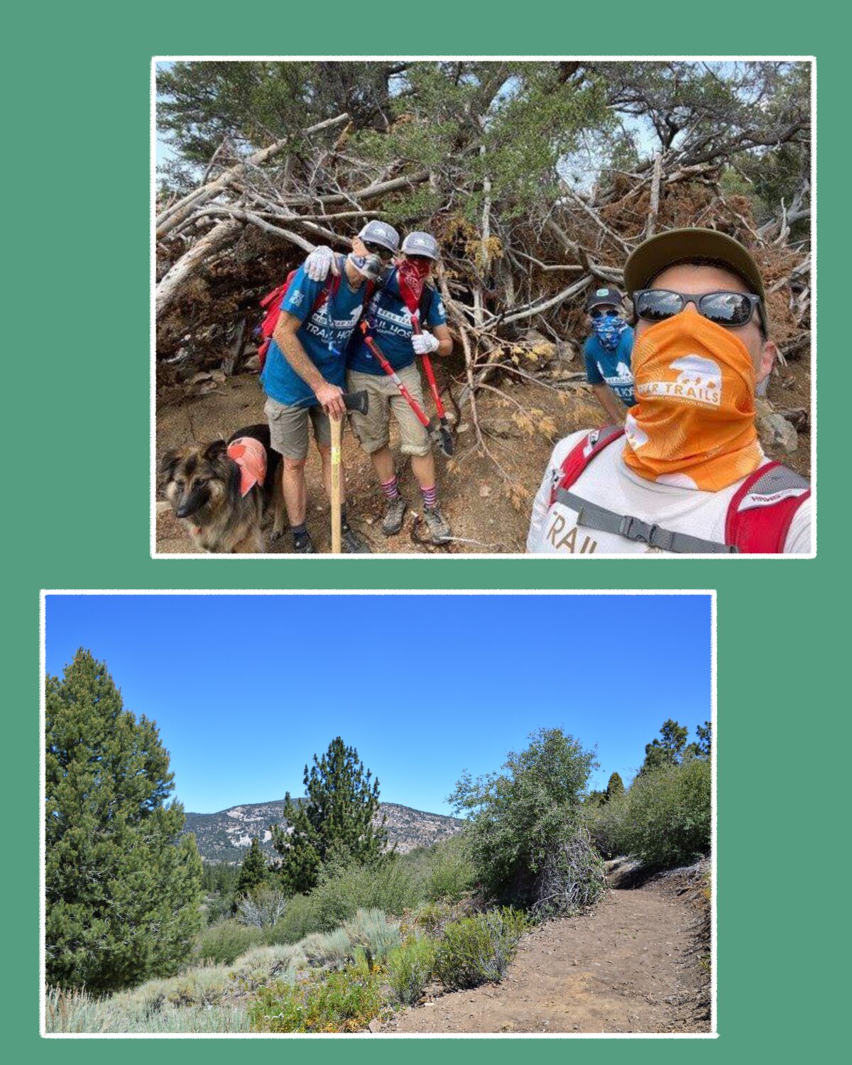 People hiking with masks on the new High School Loop trail in Big Bear Lake.