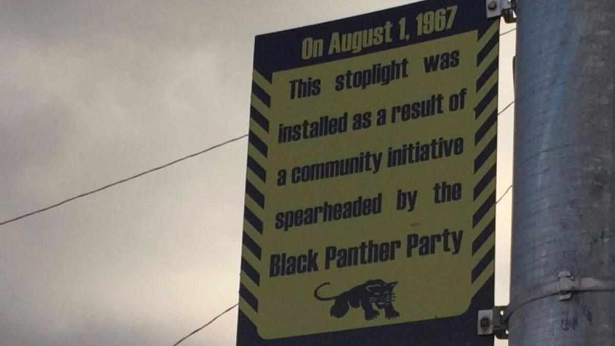 A small plaque on a light post at the corner of Market and 55th streets in North Oakland commemorates the Black Party's first successful community action.