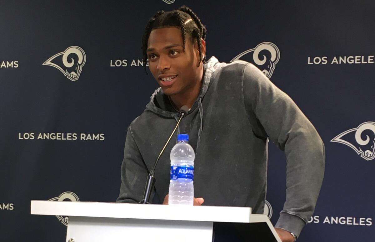 Rams cornerback Jalen Ramsey speaks at his introductory news conference on Oct. 16, 2019.