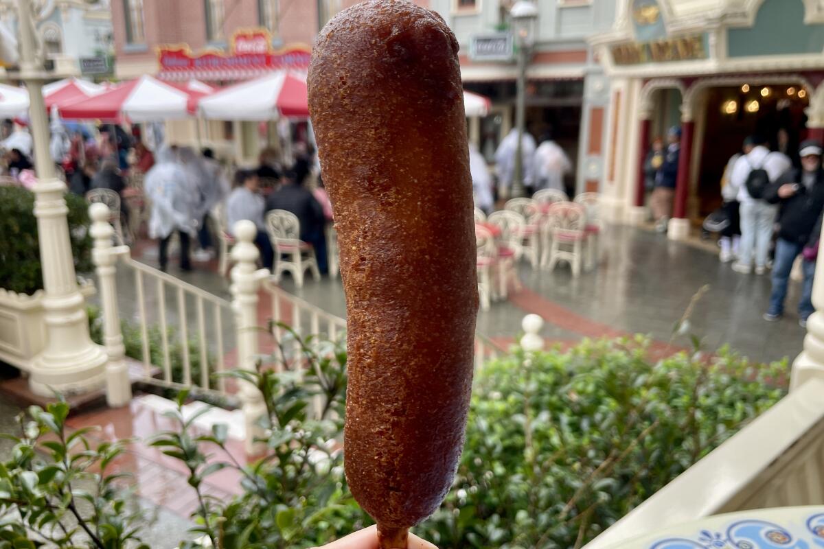 A corn dog from the Little Red Wagon at Disneyland