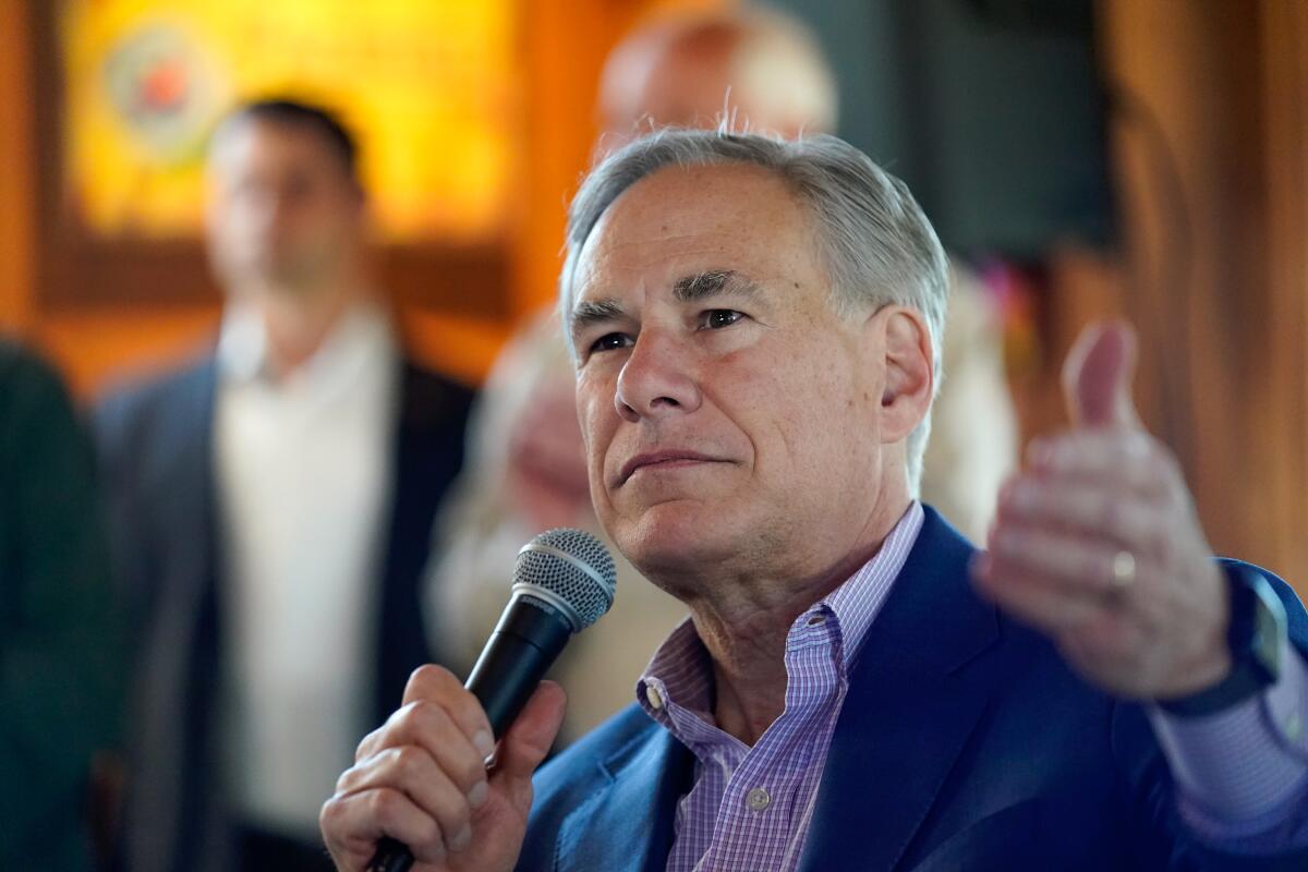 Texas Gov. Greg Abbott speaks during a campaign stop in San Antonio in February.