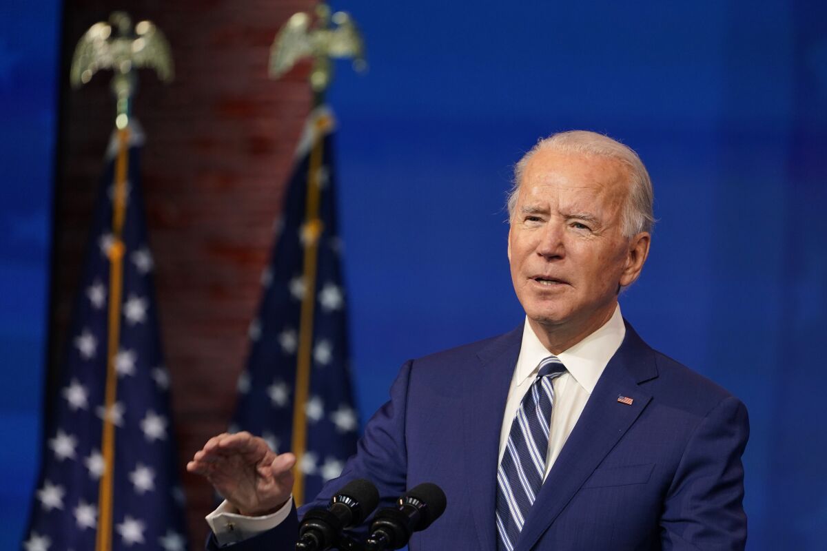 President-elect Joe Biden speaking in Wilmington, Del., on Wednesday