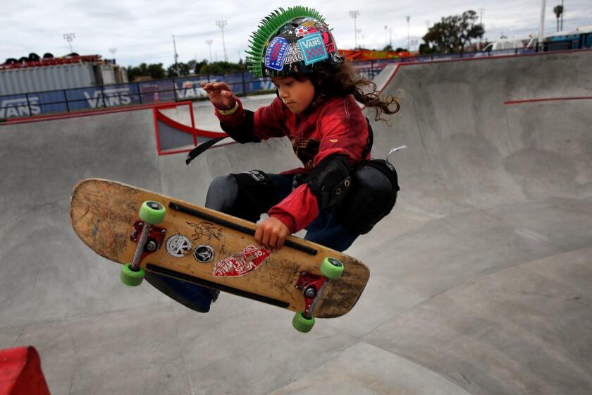 ORANGE COUNTY, CA-MAY 9, 2019: Julian Jeang-Agliardi jumps a ramp at Vans Off the Wall Skate Park on May 9, 2019, in Huntington Beach, California. (Photo By Dania Maxwell / Los Angeles Times)