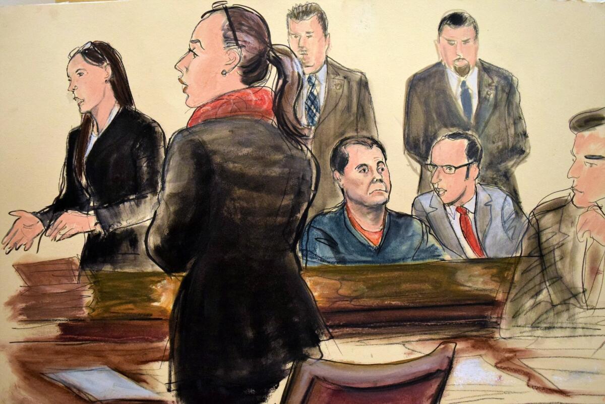 In this courtroom art, Joaquin "El Chapo" Guzman, seated center, listens as his federal defender Michelle Gelernt, left, and Assistant U.S. Attorney Andrea Goldbarg, second left, talk at his Brooklyn federal court appearance, Friday, Feb. 3, 2017 in New York.