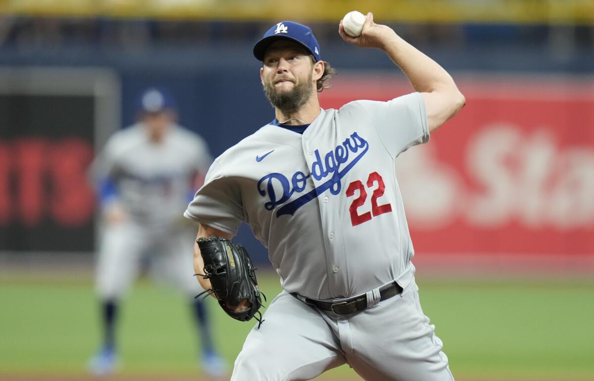 Dodgers starting pitcher Clayton Kershaw delivers against the Tampa Bay Rays on Saturday.