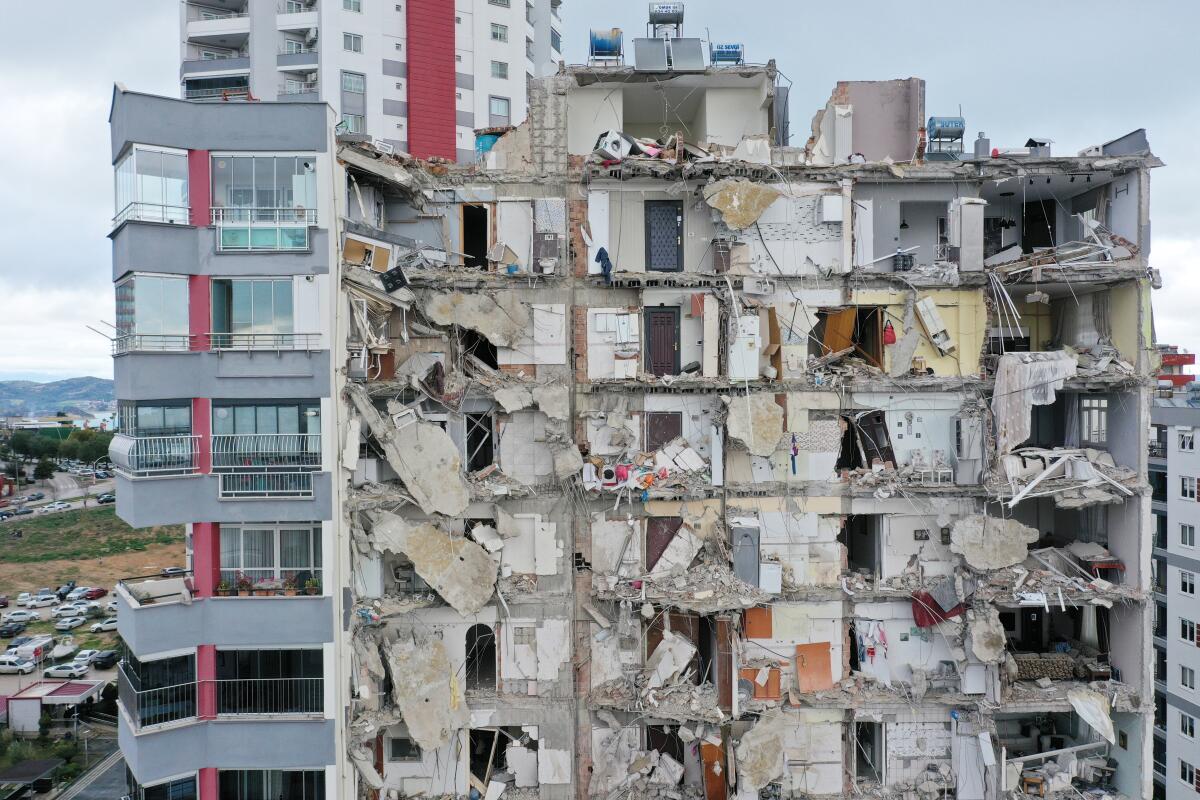 An aerial view of a damaged building after Turkey quake