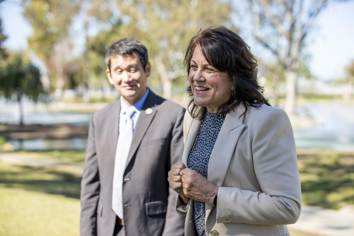 OC Fair & Event Center Chief Executive Michele Richards with Sen. Dave Min (D-Irvine) Friday at Costa Mesa's TeWinkle Park.