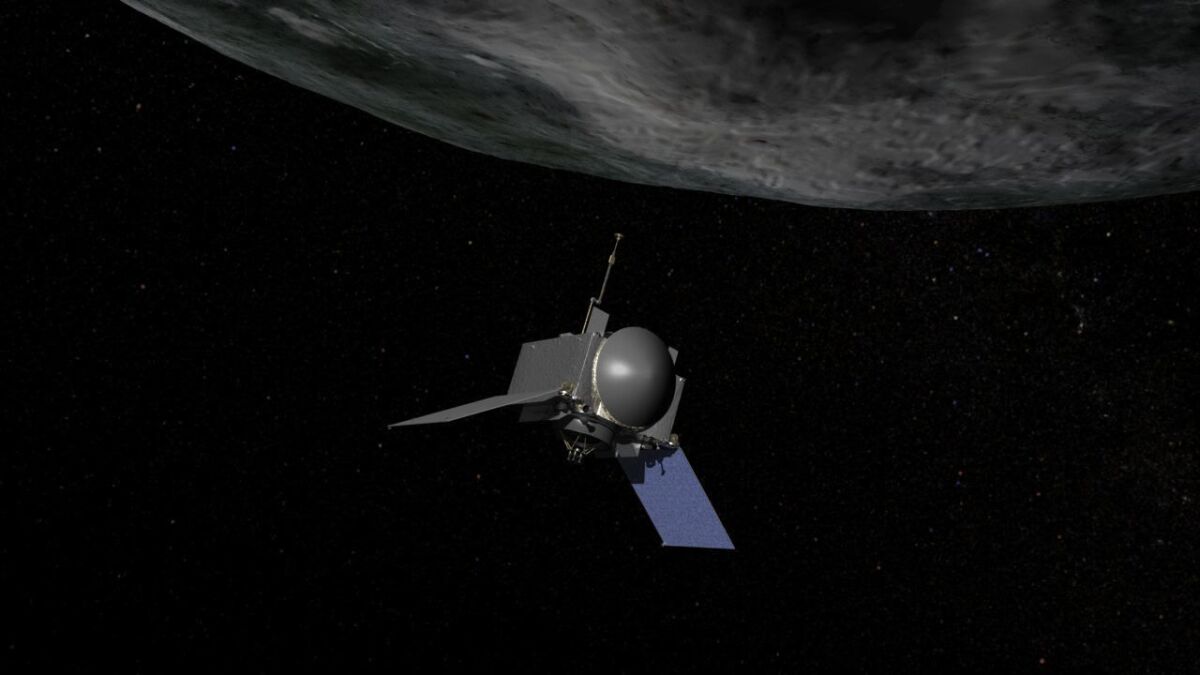 This illustration depicts NASA's OSIRIS-REx spacecraft preparing to take a sample from asteroid Bennu. The craft will launch in 2016 and return its samples to earth in 2023.