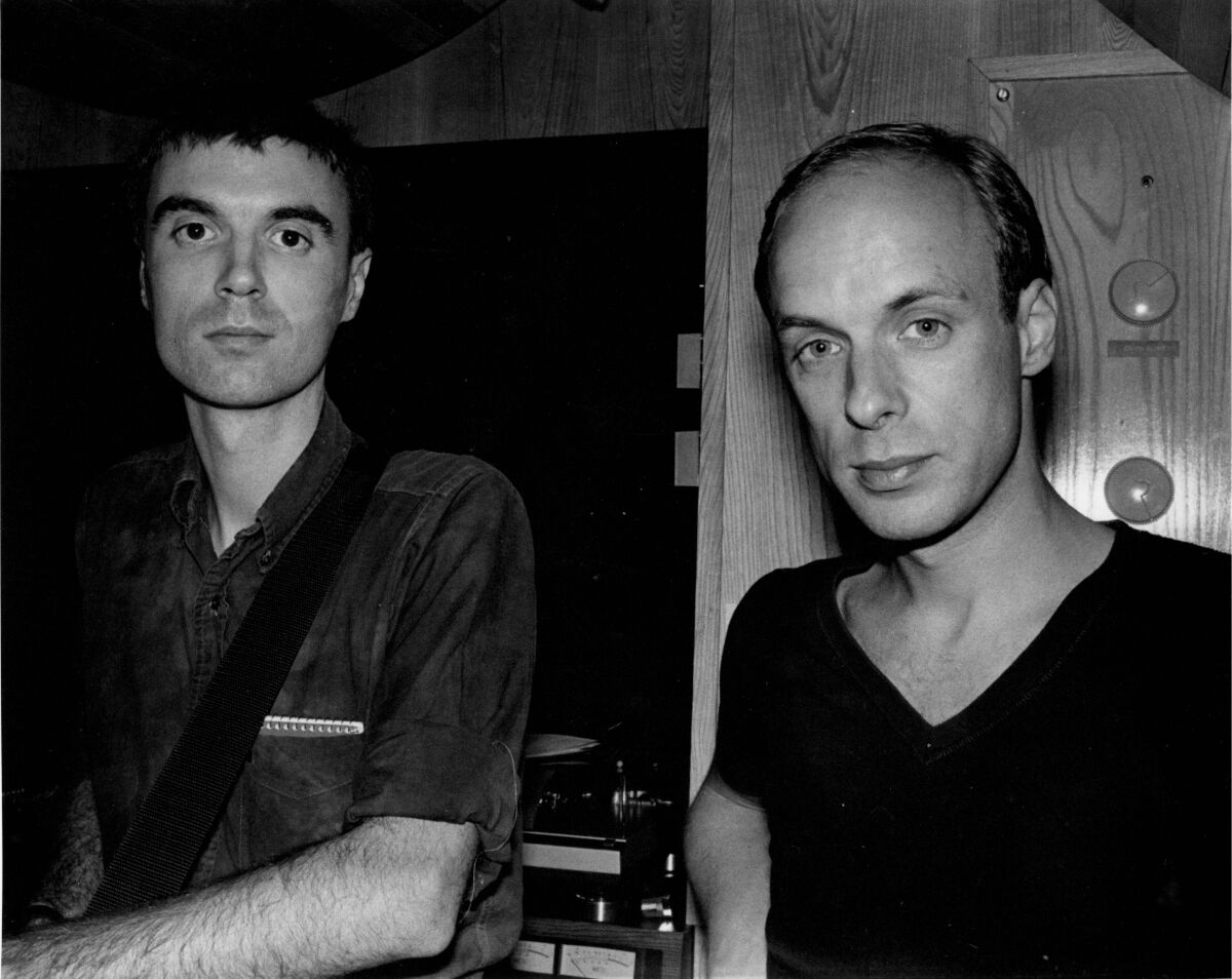 Talking Heads' David Byrne and Brian Eno in the recording studio, 1977.