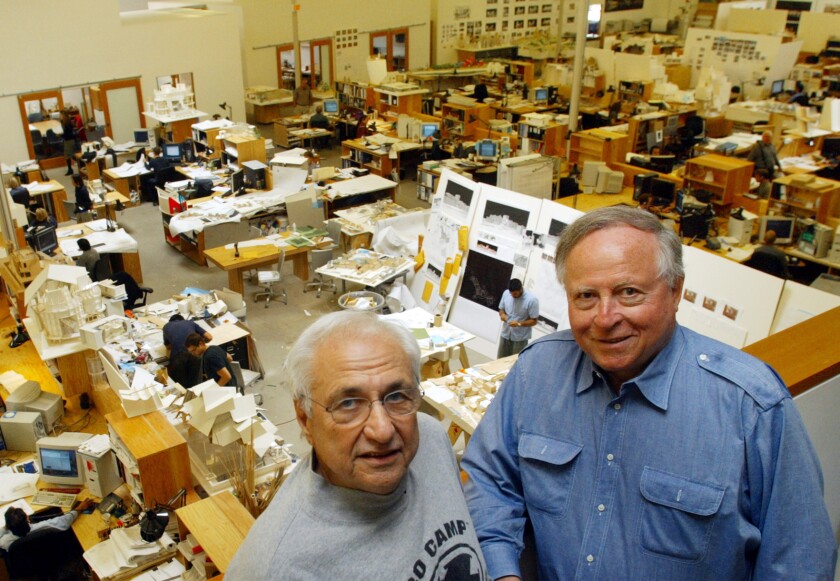 Frank Gehry, left, and Larry Field inside a former industrial complex in Playa Vista they turned into creative work space.