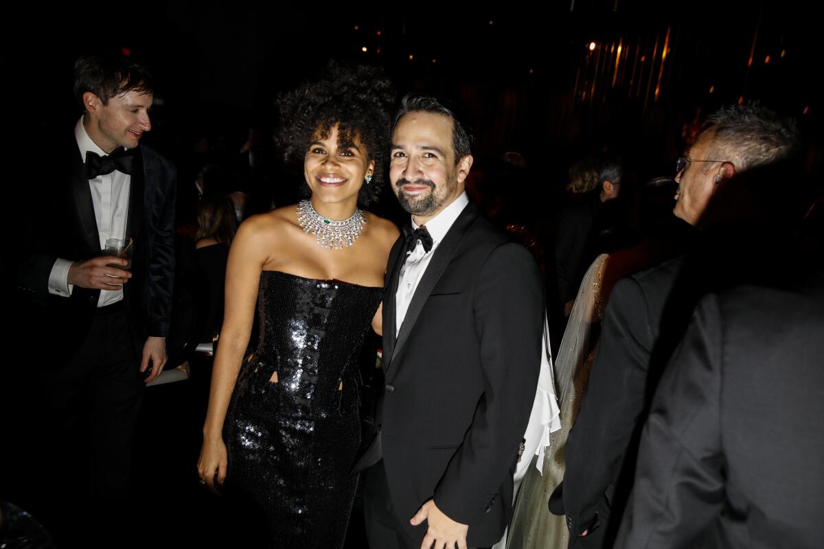 Zazie Beetz and Lin-Manuel Miranda at the Governors Ball after the Academy Awards.