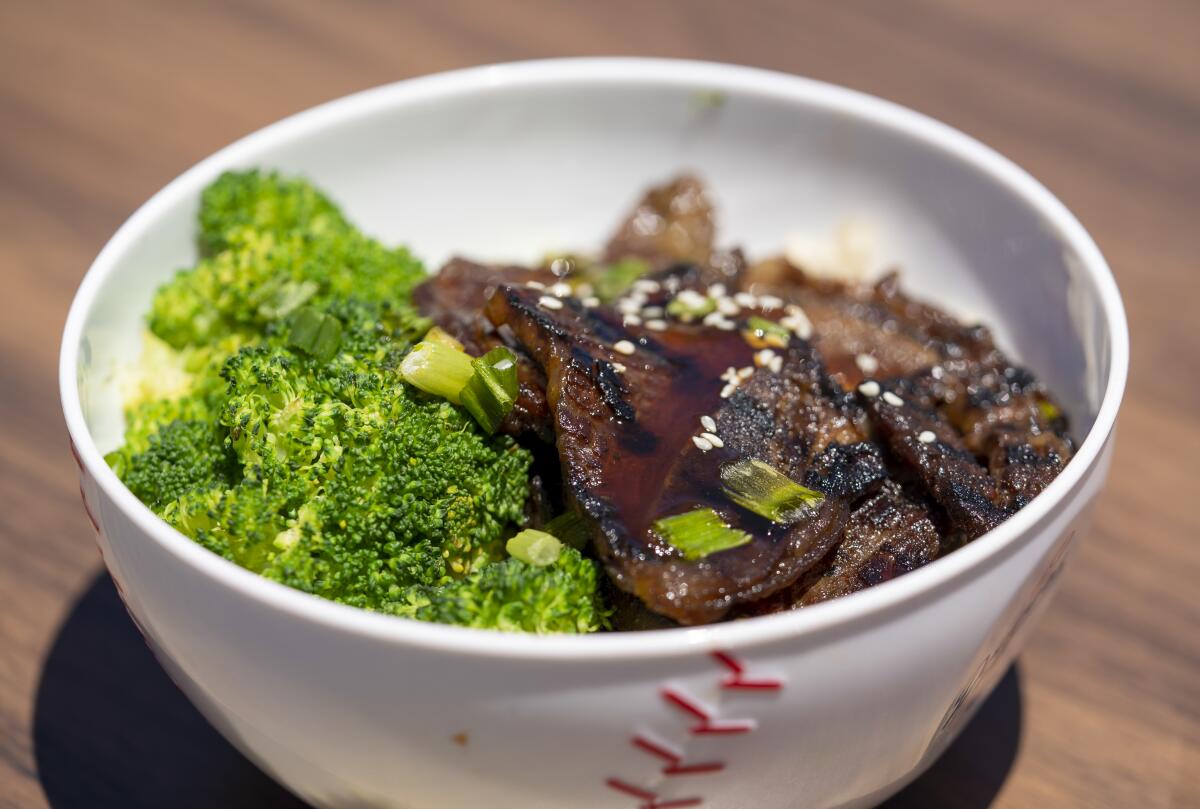 Korean short rib bowl located in the field section at Base Bowls at Dodger Stadium.