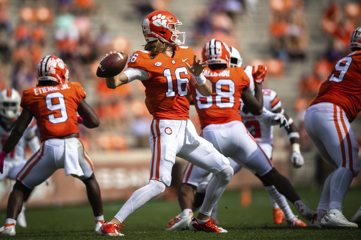 Clemson quarterback Trevor Lawrence throws a pass against Syracuse in Clemson, S.C., on Oct. 24, 2020. 