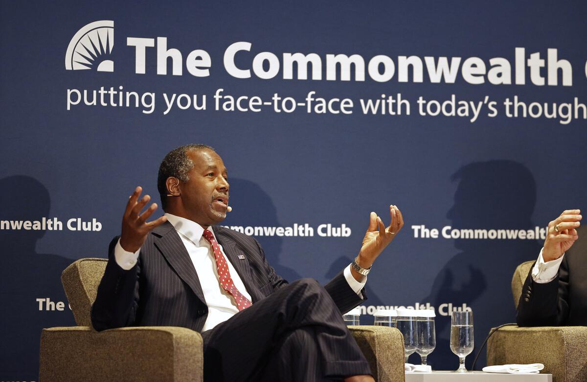 Republican presidential candidate retired neurosurgeon Ben Carson gestures while speaking to the Commonwealth Club public affairs forum Tuesday, Sept. 8, 2015, in San Francisco. (AP Photo/Eric Risberg)