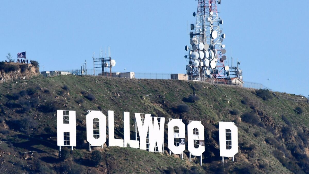 The Hollywood sign is altered to read "Hollyweed" on New Year's Day.