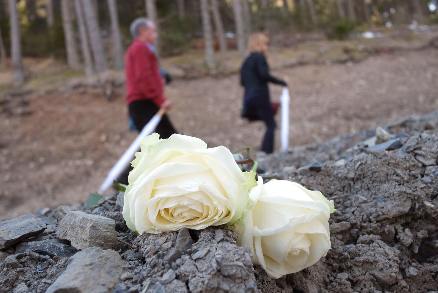 Relatives and friends of victims walk on the Col in Le Vernet, southwestern France, on March 24, 2016, in front of the mountain (background) were the plane of Germanwings crashed a year ago, to mark the first anniversary of the Germanwings tragedy in which a suicidal pilot crashed a plane into a mountainside, killing all 150 on board.