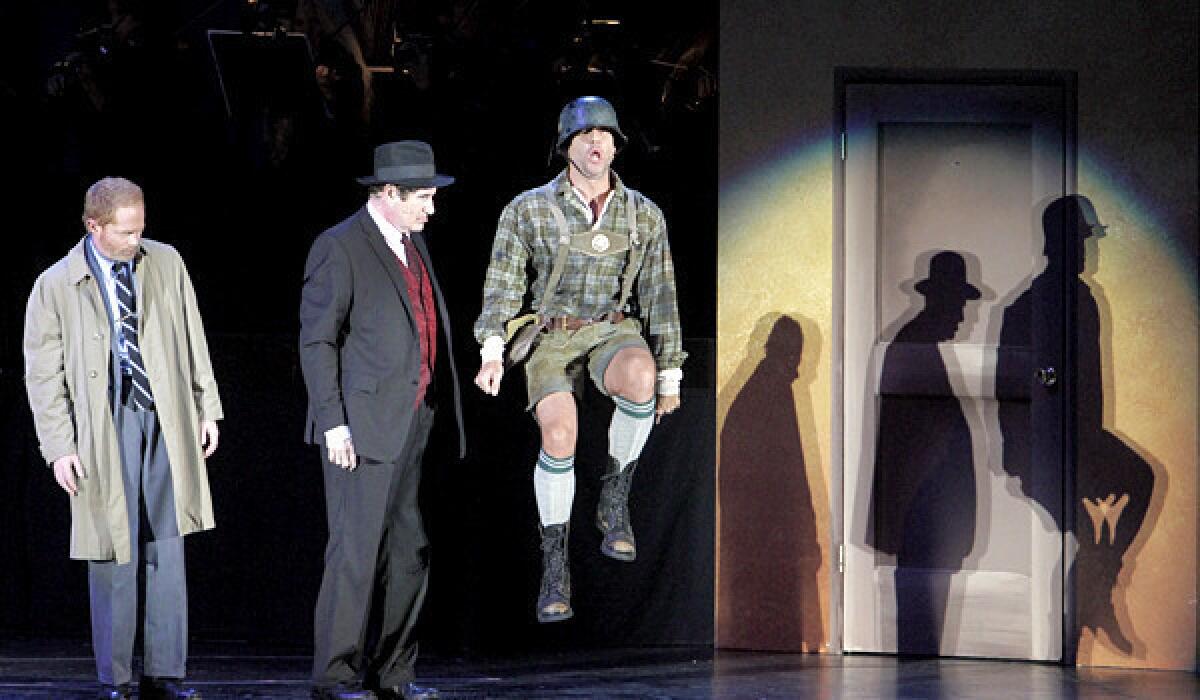 Jesse Tyler Ferguson as Leo Bloom, Richard Kind as Max Bialystock and Dane Cook as Franz Liebkind in the musical "The Producers" at the Hollywood Bowl.