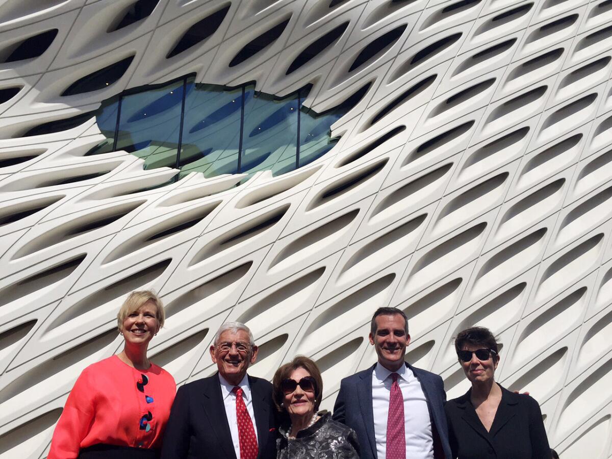 At the Broad museum press preview Wednesday in Los Angeles, founding director Joanne Heyler, left, founders Eli and Edythe Broad, Mayor Eric Garcetti and architect Elizabeth Diller spoke of the new institution's place in L.A., and of L.A.'s place in the art world.