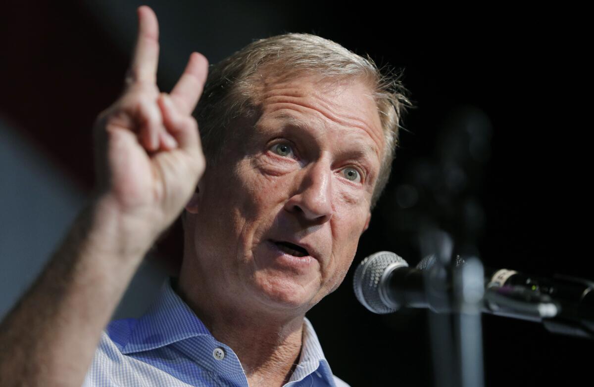 FILE - In this Aug. 9, 2019 photo, Democratic presidential candidate and businessman Tom Steyer speaks at the Iowa Democratic Wing Ding at the Surf Ballroom in Clear Lake, Iowa. A handful of struggling Democratic presidential hopefuls are bracing for bad news as the window to qualify for the party’s next debate closes quickly. (AP Photo/John Locher)