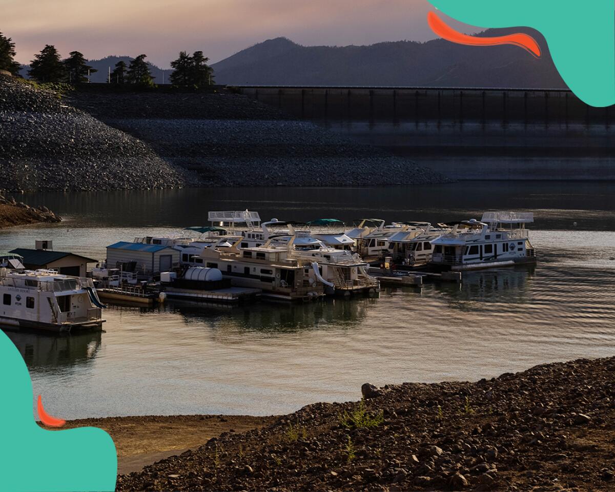 A photo of docked boats with illustrated blobs in the upper-right and lower-left corners