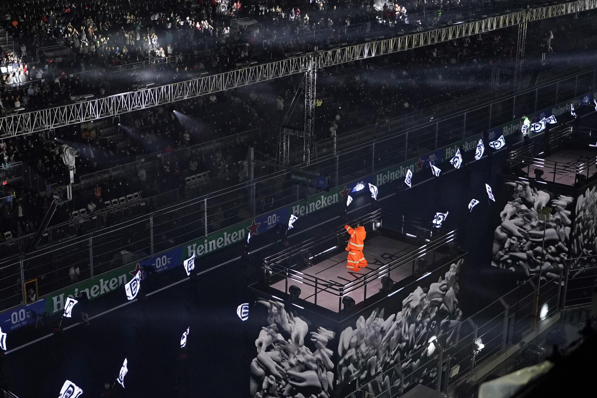 J Balvin performs during an opening ceremony for the Formula One Las Vegas Grand Prix auto race, Wednesday, Nov. 15, 2023, in Las Vegas. (AP Photo/Darron Cummings)