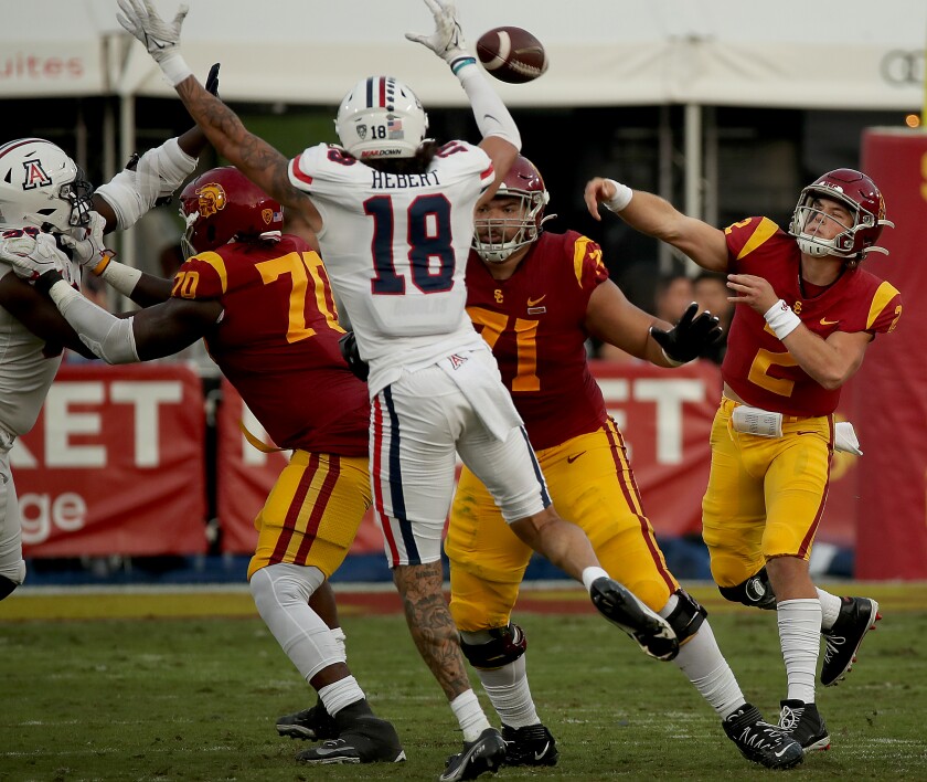USC quarterback Jaxson Dart throws a pass against Arizona in the second quarter Oct. 30, 2021.